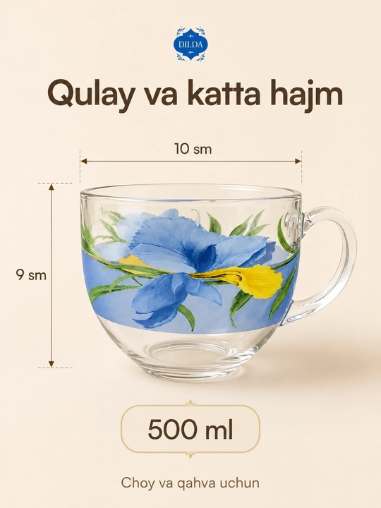 Shisha krujka, 300 ml, issiqqa chidamli, ergonomik tutqichli, choy va qahva uchun