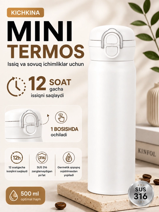 Termos trubochkali, zanglamaydigan po‘latdan, 480 ml - 