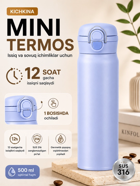 Termos trubochkali, zanglamaydigan po‘latdan, 480 ml - 
