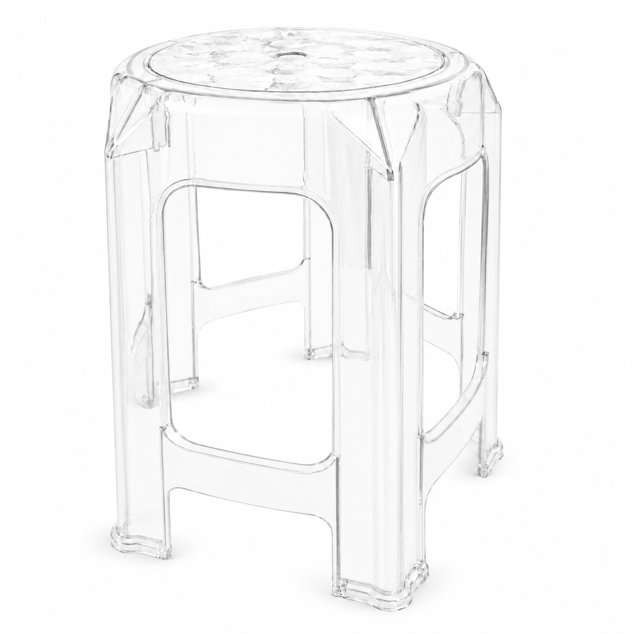 Taburetka - 200 kg gacha bo‘lgan mustahkam shaffof akrildan tayyorlangan, mustahkamlangan, 36×32×38 sm
