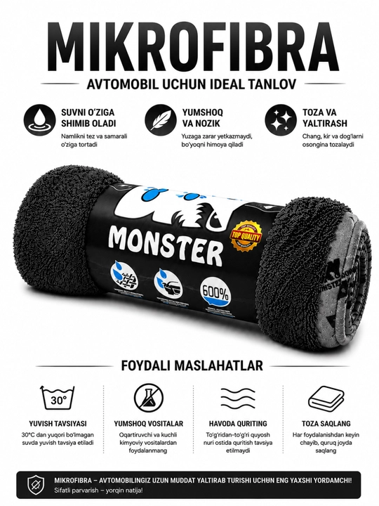Mikrofibra, avtomobil uchun latta, avtomobil salfetkasi, shimib oluvchi latta, avtomobil salfetkasi, 50x60 sm o‘lchamli avtomobil - 
