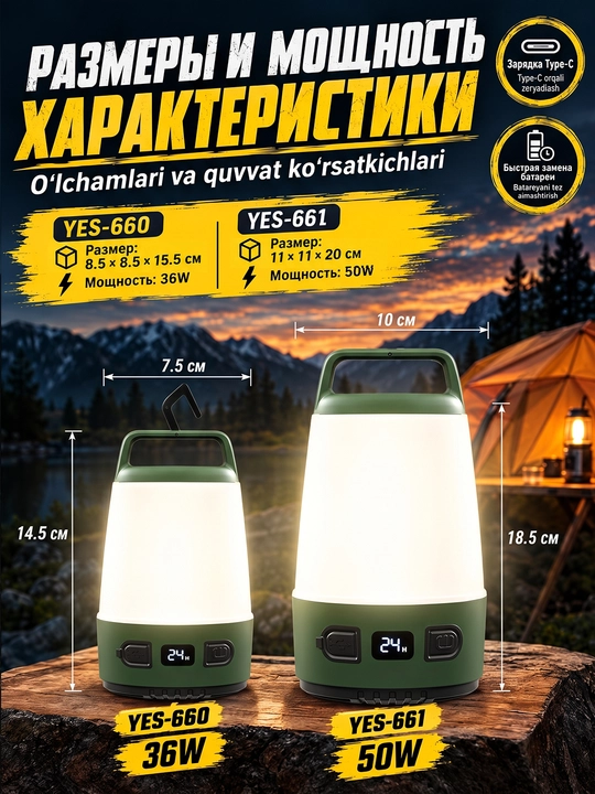 Lager lampasi 2v1 LED, Lampa, poxod va kemping uchun, Cho'ntak fonar