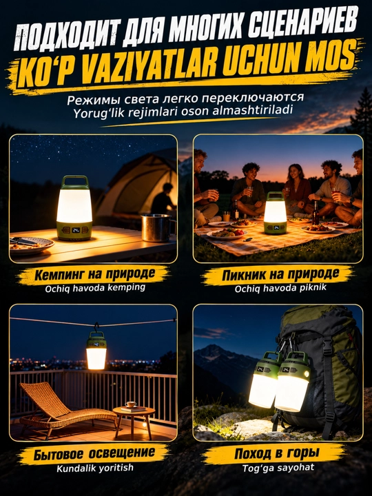 Lager lampasi 2v1 LED, Lampa, poxod va kemping uchun, Cho'ntak fonar
