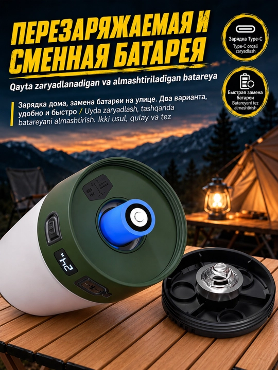 Lager lampasi 2v1 LED, Lampa, poxod va kemping uchun, Cho'ntak fonar