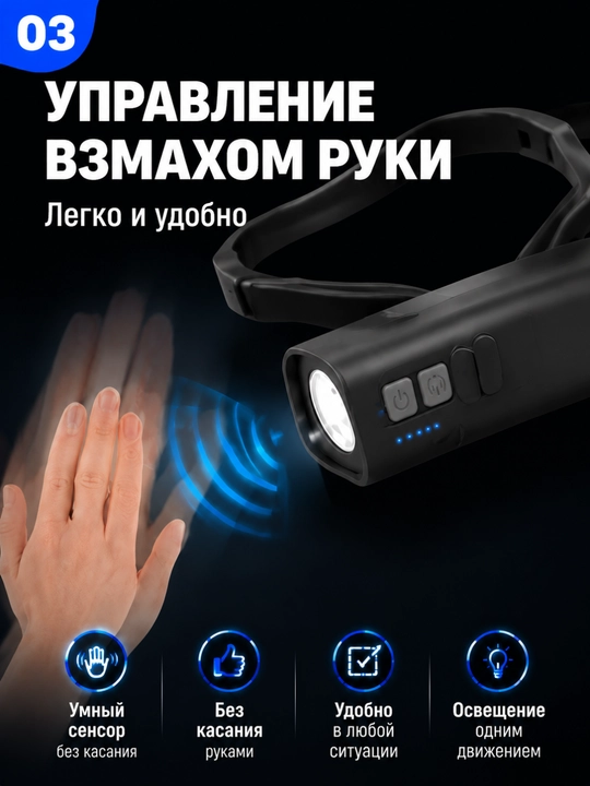 Yorqin bosh fonar, 5 rejim, boshga o'rnatiladi va sensor boshqaruvi, Type C
