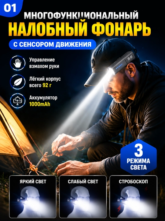 Yorqin bosh fonar, 5 rejim, boshga o'rnatiladi va sensor boshqaruvi, Type C - 