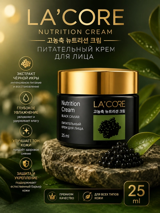 LA’CORE Black Caviar Nutrition Cream – oziqlantiruvchi va namlantiruvchi yuz kremi, 25 ml - 