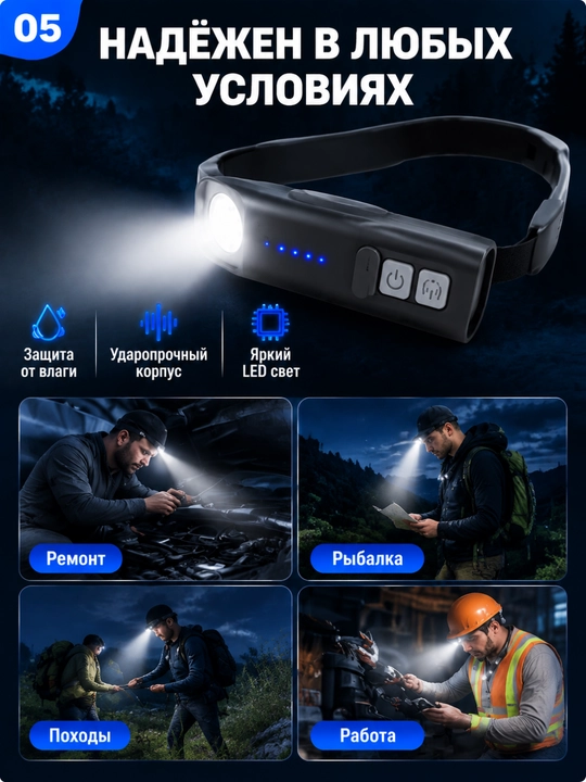 Yorqin bosh fonar, 5 rejim, boshga o'rnatiladi va sensor boshqaruvi, Type C