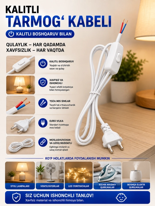 Chiroqlar uchun viklyuchatel va vilkali elektr shnuri