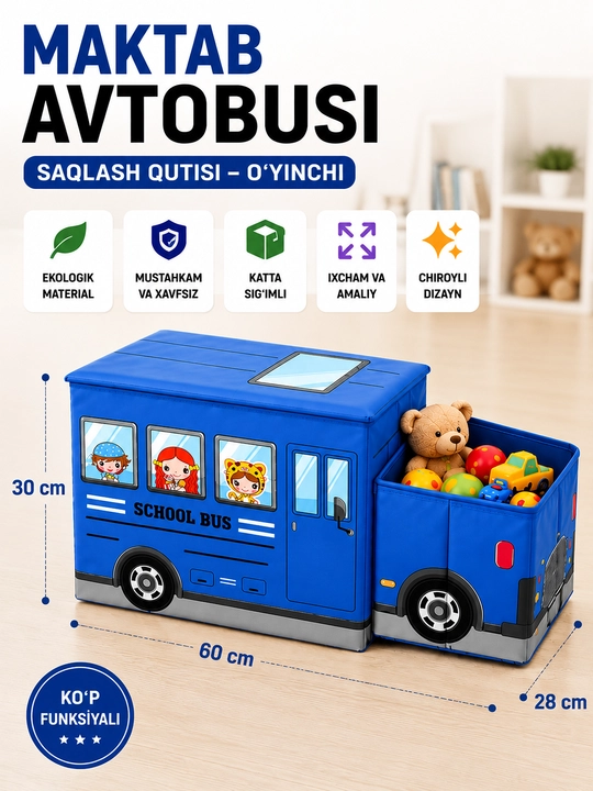 Bolalar uchun o‘yinchoq saqlash qutisi-pufik, maktab avtobusi