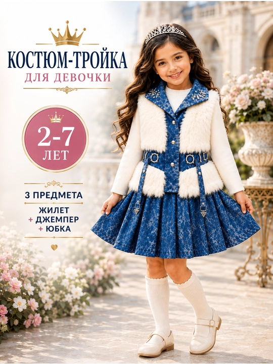 Комплект для девочки. Костюм-тройка, меховая жилетка, водолазка и юбка, 2–7 лет - 