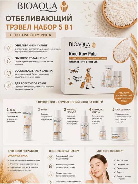 Мини набор для ухода за лицом Bioaqua, 5 в 1, омолаживающий, с экстрактом риса