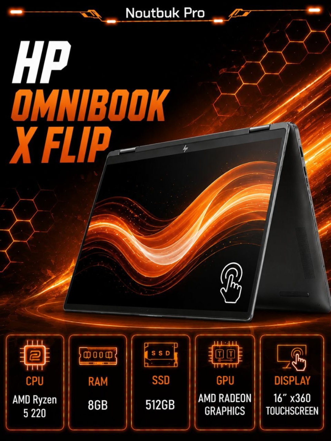 Ноутбук HP OmniBook X Flip AMD Ryzen 5 220 RAM 8GB SSD 512GB 16" x360 Touchscreen - 