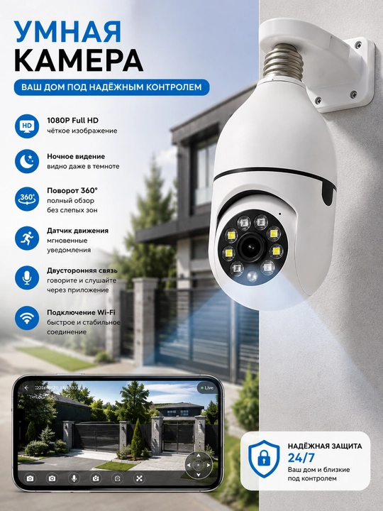 WiFi Камера, 360° Умная WiFi Камера Full HD камера видеонаблюдения
