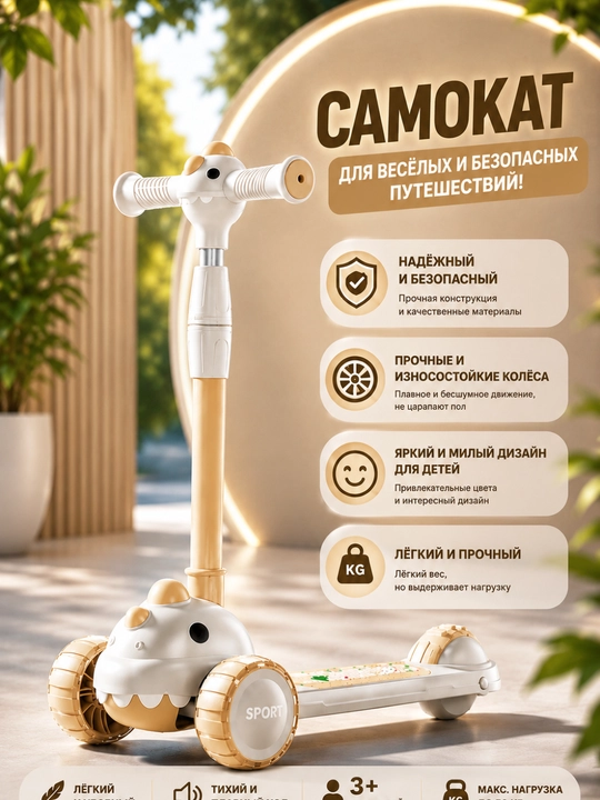 Розовый детский самокат 2–8 лет, 3 колеса, складной, регулируемый руль