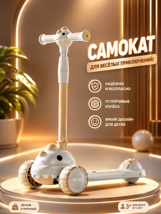 Розовый детский самокат 2–8 лет, 3 колеса, складной, регулируемый руль