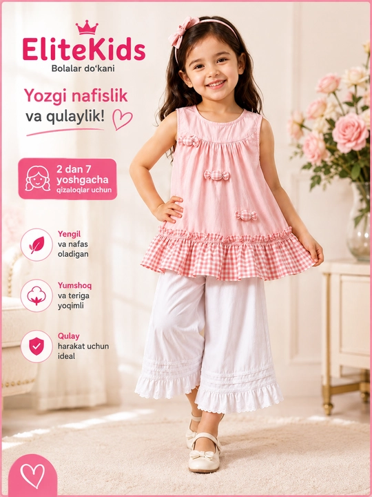 Комплект для девочек, Летний хлопковый топ и широкие брюки, 2–7 лет