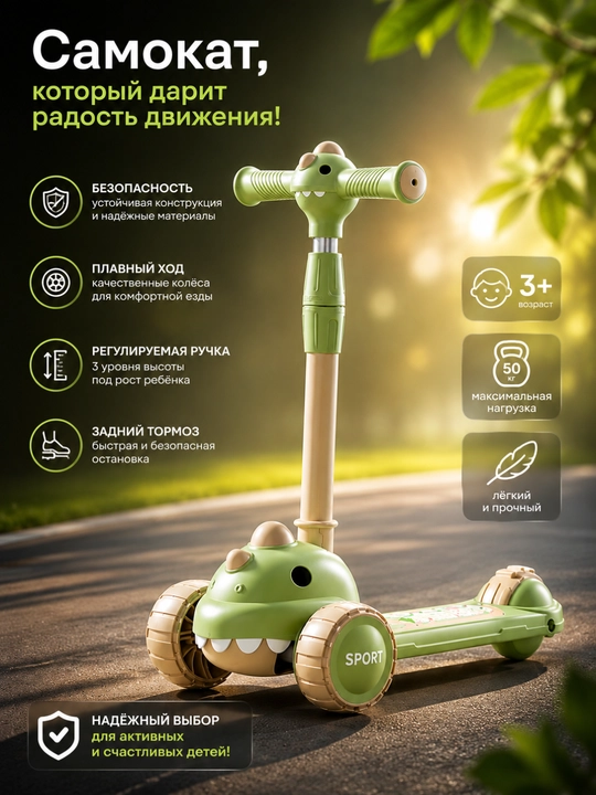Розовый детский самокат 2–8 лет, 3 колеса, складной, регулируемый руль