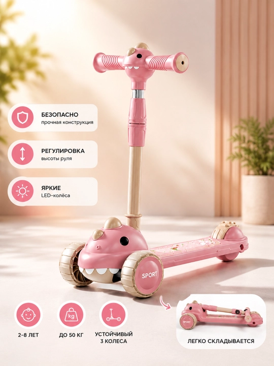 Розовый детский самокат 2–8 лет, 3 колеса, складной, регулируемый руль