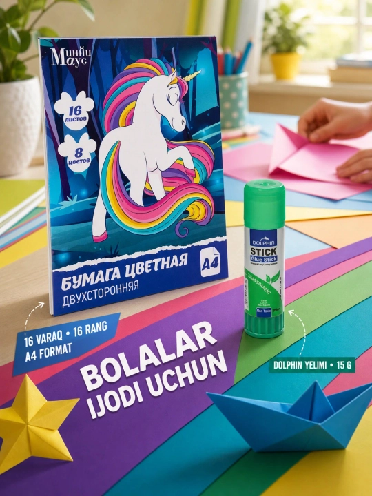 Rangli qog‘oz 16 rang + Dolphin kley 15 g, applikatsiya va ijod uchun to‘plam