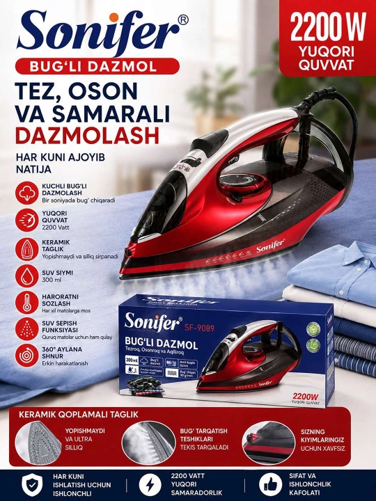 Sonifer SF-9089 kuchli bug‘li dazmol 2200 Vt - 