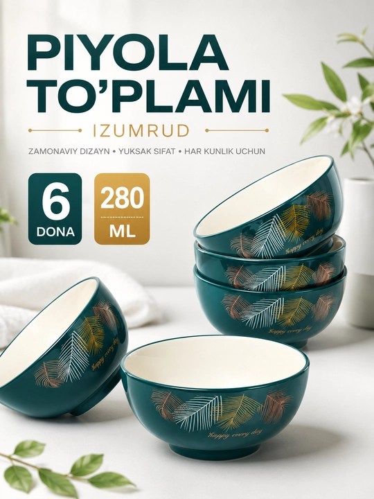 Keramik piyolalar to‘plami Izumrud, 6 dona, 280 ml - 
