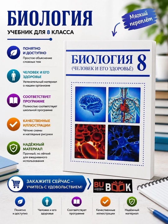 Biologiya. 8-sinf, Inson salomatligi, 2019 (rangli A5 format, rus tilida) - 