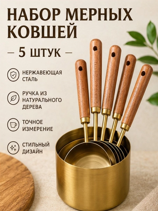 Медный мерный ковш с деревянной ручкой - 