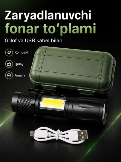 Fonarik LED COB, USB orqali zaryadlanuvchi cho‘ntak fanari, klips va quti bilan - 