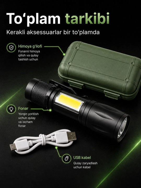 Fonarik LED COB, USB orqali zaryadlanuvchi cho‘ntak fanari, klips va quti bilan