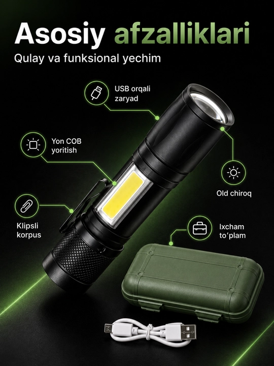 Fonarik LED COB, USB orqali zaryadlanuvchi cho‘ntak fanari, klips va quti bilan