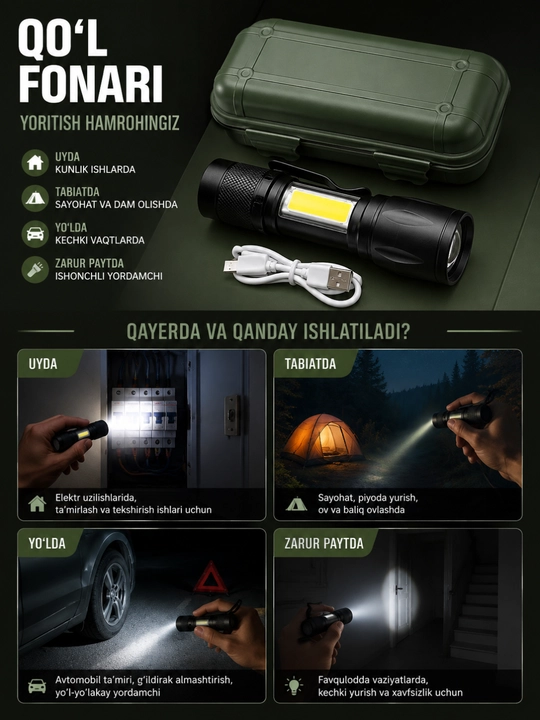 Fonarik LED COB, USB orqali zaryadlanuvchi cho‘ntak fanari, klips va quti bilan