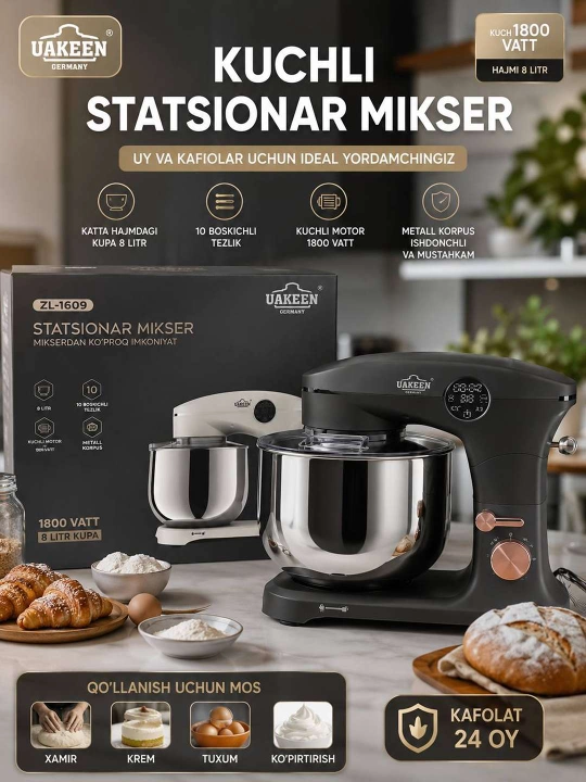 Uakeen ZL-1609 - 8 litrli kuchli statsionar mikser - 