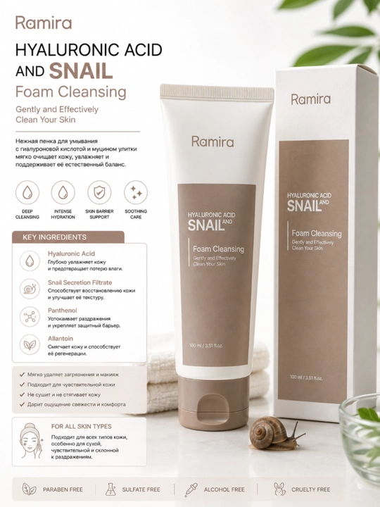 Ramira Hyaluronic Acid Snail yuz yuvish ko'pigi namlantiruvchi 100 ml - 