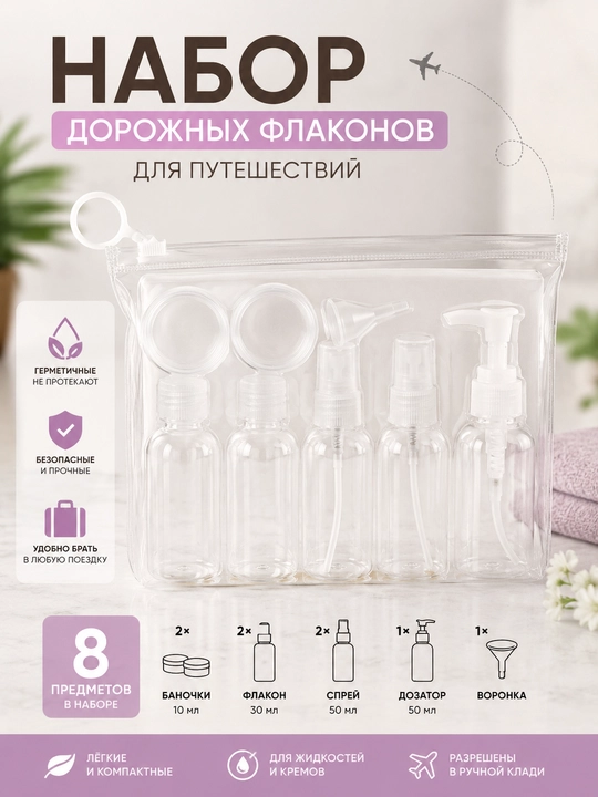 Дорожный набор флаконов и баночек, для косметики, 9 шт — для путешествий и командирово - 