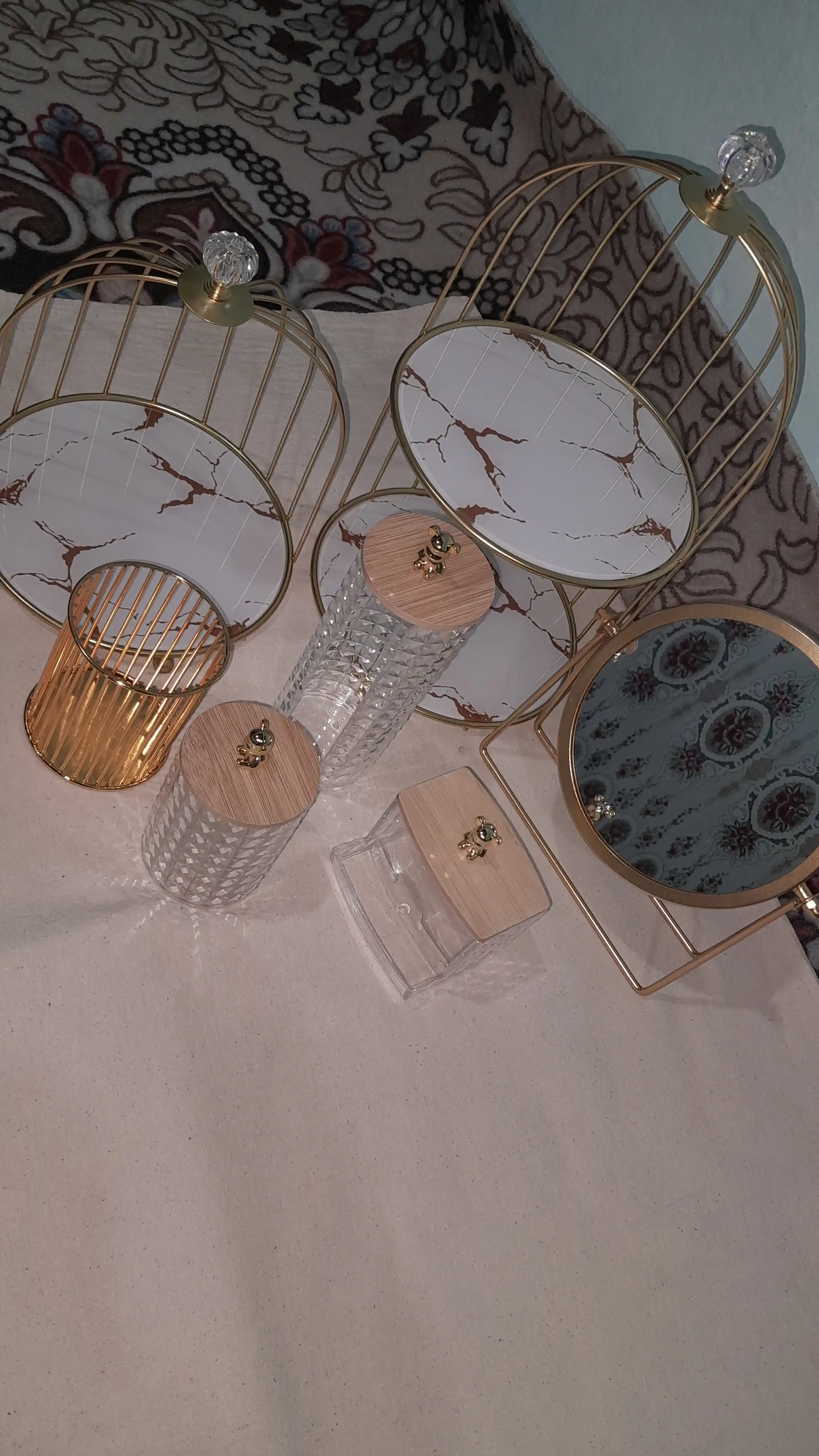 Paxta disk va tayoqchalar uchun 3-in-1 kosmetik organizerlar to‘plami, qopqoqli