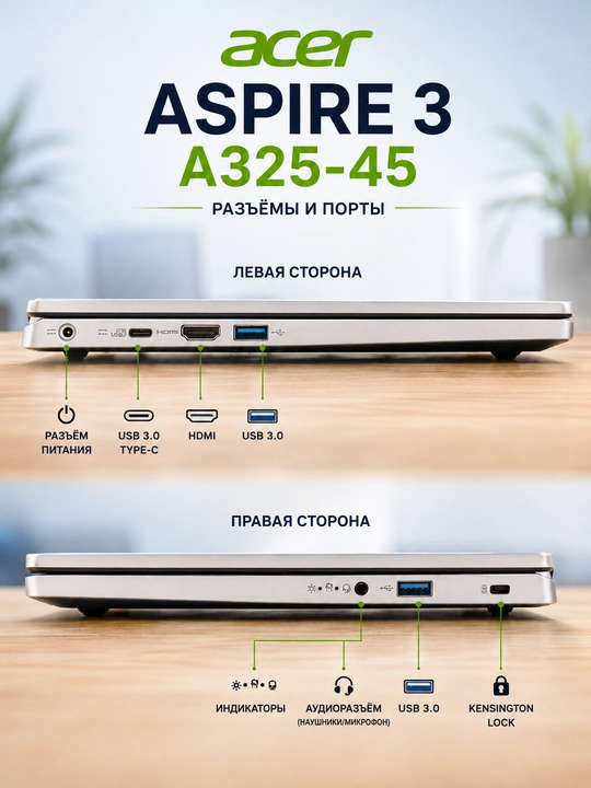 Ноутбук Acer Aspire 3 N4500, DDR4 8ГБ, SSD 256ГБ, UHD 15.6" FHD IPS