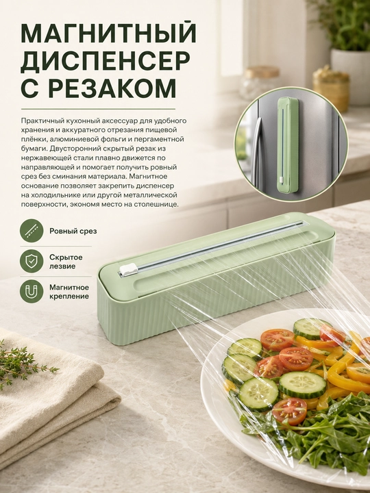 Диспенсер для пищевой плёнки с магнитом и слайдером для ровной и быстрой нарезки - 