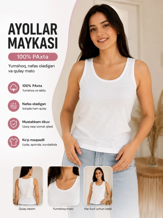 Ayollar Uchun Premium 100% Paxta Mayka42-44-46raz – Har Kungi Mukammal Komfort va Uslub