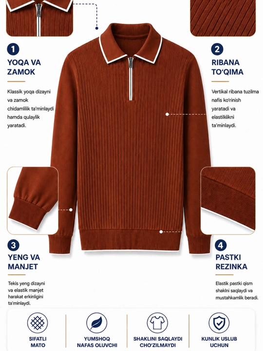 Erkaklar trikotaj jemper polo, yoqali, yarim zamokli, uzun yengli