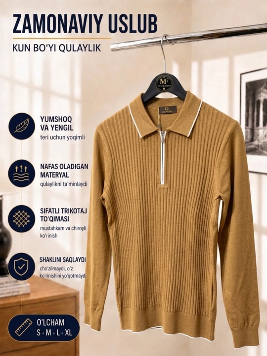 Erkaklar trikotaj jemper polo, yoqali, yarim zamokli, uzun yengli