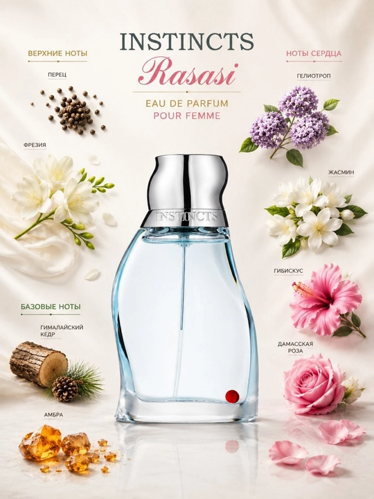 Rasasi Instincts ayollar atiri 50 ml — nafis va mayin gulli hid. EDP. Parfum suvi