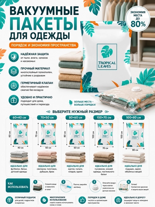 Вакуумные пакеты для одежды, 60*40, 70*50, 80*60, 100*70, 100*80 см