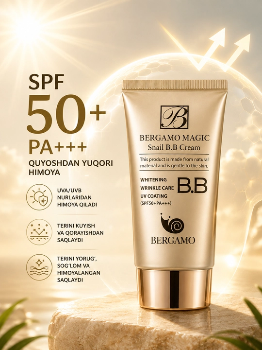 Bergamo Snail BB Cream SPF 50+ PA+++ – yuz uchun BB krem, shilliqurt ekstrakti bilan bilan - 
