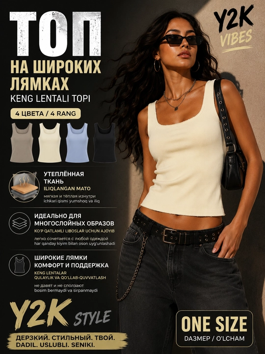 Ayollar uchun trikotaj top-mayka, yelkali, kalta, S–M - 