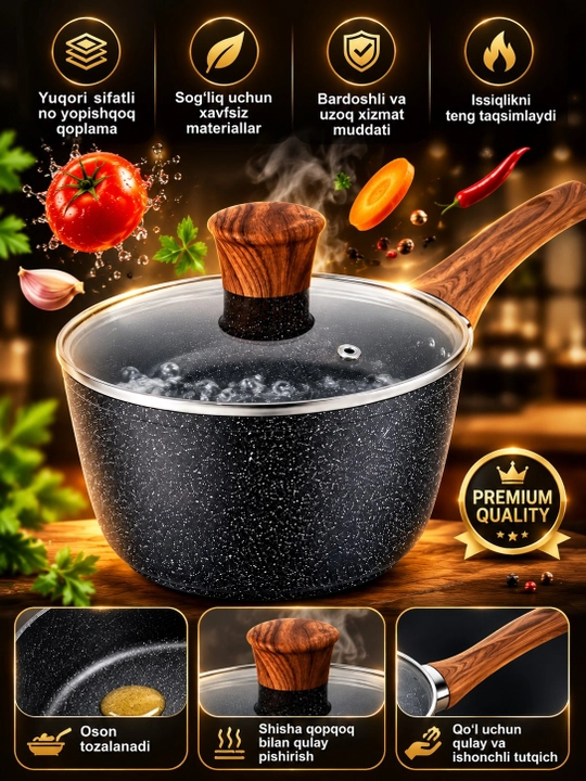 Ковш с длинной ручкой и стеклянной крышкой, глубокий, для приготовления пищи