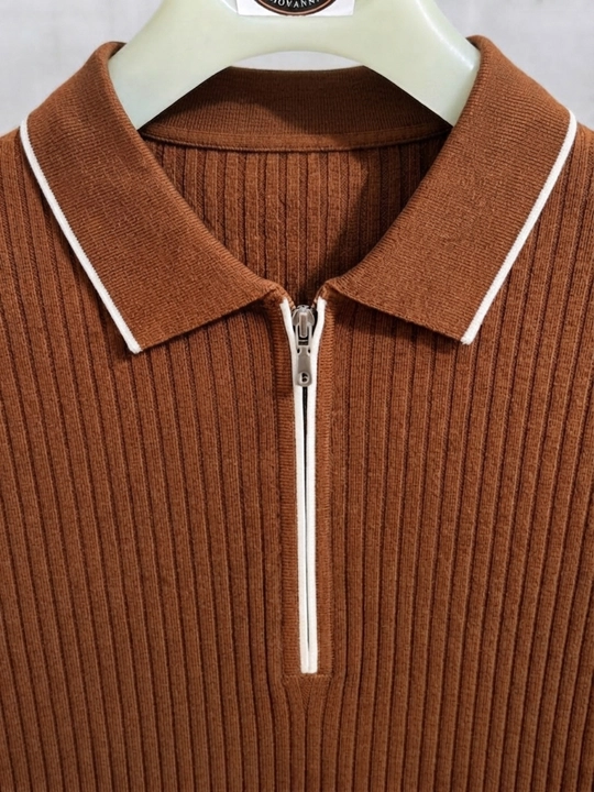 Erkaklar trikotaj jemper polo, yoqali, yarim zamokli, uzun yengli