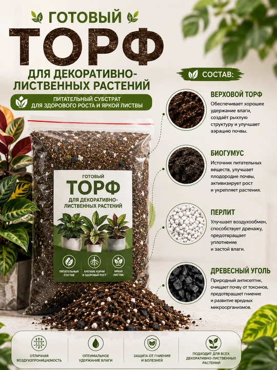 Dekorativ bargli o‘simliklar uchun tayyor torf 1 l, 3 l, 5 l, 10 l - 