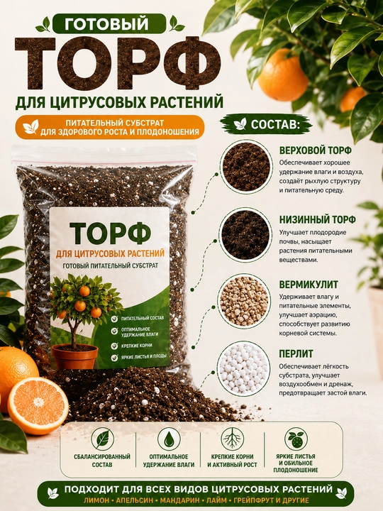 Готовый торф для цитрусовых и комнатных растений 1 л, 3 л, 5 л, 10 л - 