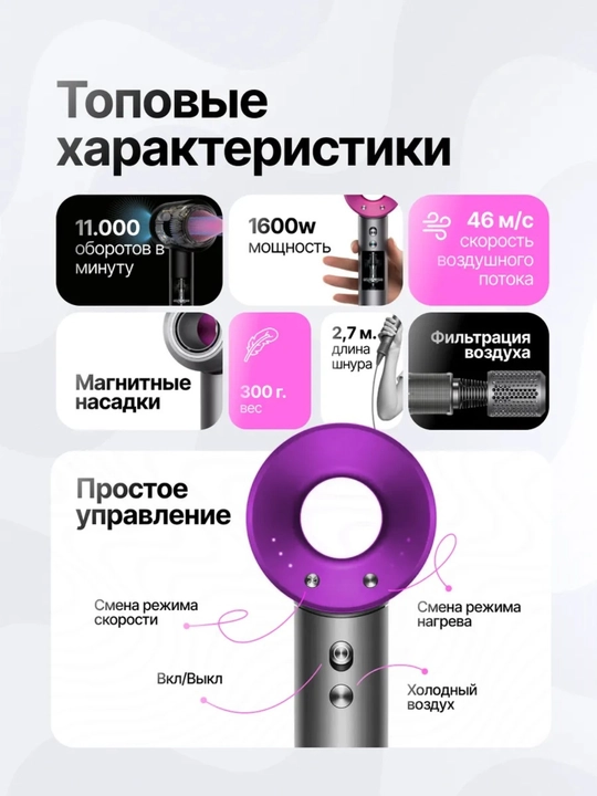 Фен для волос профессиональный мощный, сенсорный фен, набор с насадками для укладки
